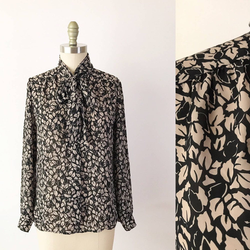 80s Bow Neck Blouse Leaf Print Floral Top Pussybow